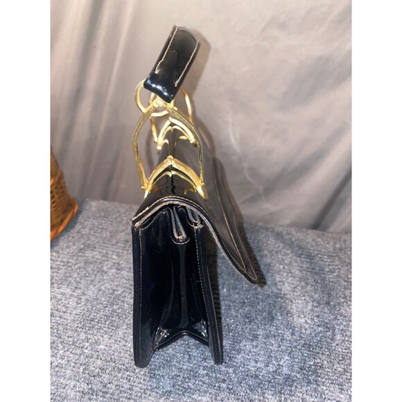 Vintage Black Patent Leather Handbag  Gold Tone Handle Hardware Classic USA - Picture 12 of 16